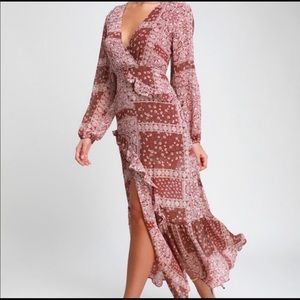 Lulus maxi dress rusty red asymmetrical pattern